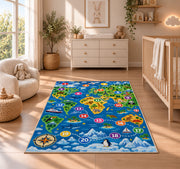 world map number adventure rug displayed in a nursery beside a crib