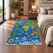world map number adventure rug displayed in a bedroom beside the bed