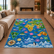 world map number adventure rug displayed in a living room with a fireplace