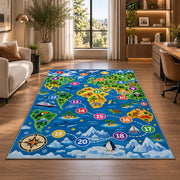world map number adventure rug displayed in a lounge with wooden shelves