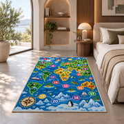 world map number adventure rug displayed in a bedroom in sunlight