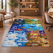 night and day animal habitat adventure rug displayed in a living room with wooden shelves