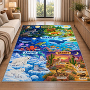 night and day animal habitat adventure rug displayed in a sunlit lounge beside a sofa