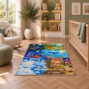 night and day animal habitat adventure rug displayed in a nursery beside an upholstered chair