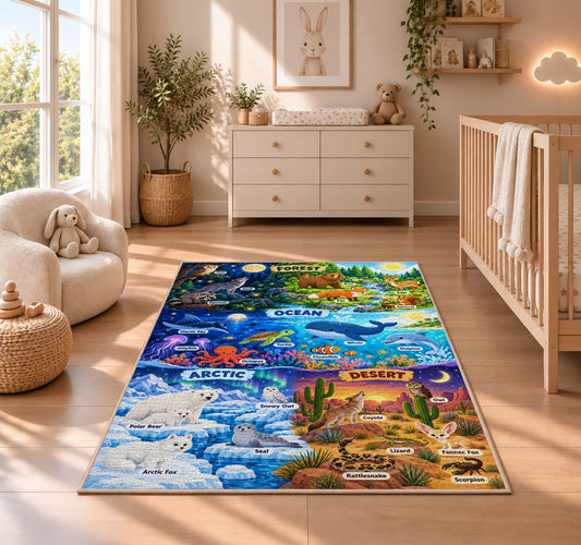 night and day animal habitat adventure rug displayed in a nursery beside a crib