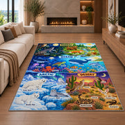 night and day animal habitat adventure rug displayed in a living room with a fireplace