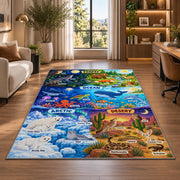 night and day animal habitat adventure rug displayed in a lounge with wooden shelves
