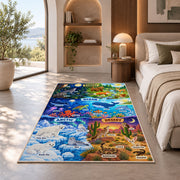 night and day animal habitat adventure rug displayed in a bedroom in sunlight