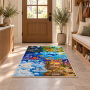 night and day animal habitat adventure rug displayed in a entryway beside a wooden door
