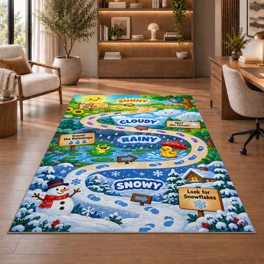 weather adventure trail rug displayed in a living room with wooden shelves