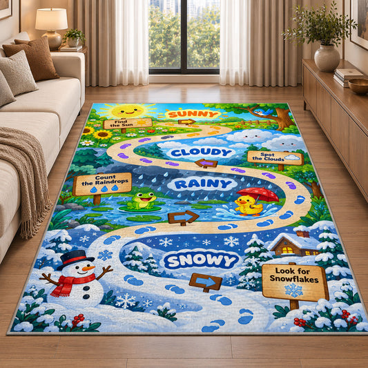 weather adventure trail rug displayed in a sunlit lounge beside a sofa