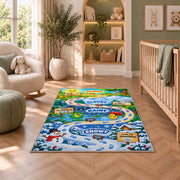weather adventure trail rug displayed in a nursery beside an upholstered chair