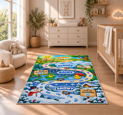 weather adventure trail rug displayed in a nursery beside a crib