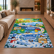 weather adventure trail rug displayed in a living room with a fireplace
