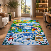 weather adventure trail rug displayed in a lounge with wooden shelves