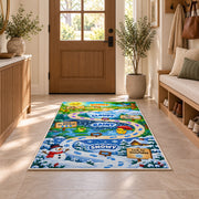 weather adventure trail rug displayed in a entryway beside a wooden door