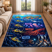 deep sea submarine adventure rug displayed in a sunlit lounge beside a sofa