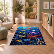deep sea submarine adventure rug displayed in a nursery beside an upholstered chair