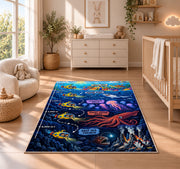 deep sea submarine adventure rug displayed in a nursery beside a crib