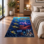 deep sea submarine adventure rug displayed in a bedroom beside the bed