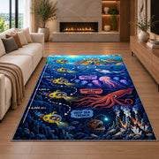 deep sea submarine adventure rug displayed in a living room with a fireplace