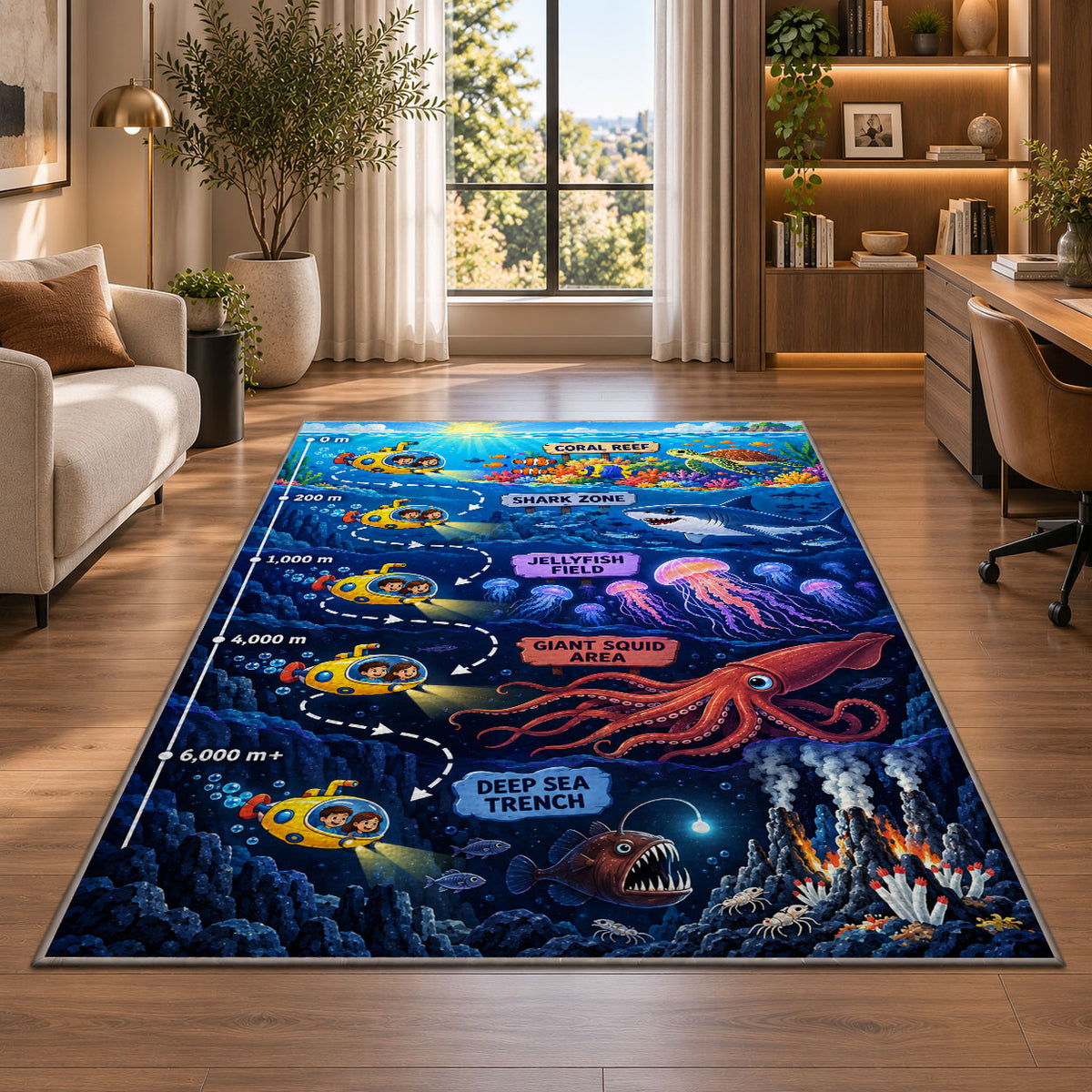 deep sea submarine adventure rug displayed in a lounge with wooden shelves