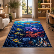 deep sea submarine adventure rug displayed in a lounge with wooden shelves