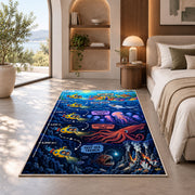 deep sea submarine adventure rug displayed in a bedroom in sunlight