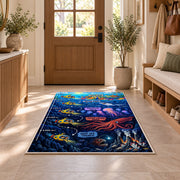 deep sea submarine adventure rug displayed in a entryway beside a wooden door