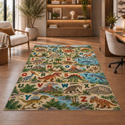 woodland animal alphabet rug displayed in a living room with wooden shelves
