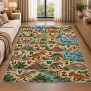 woodland animal alphabet rug displayed in a sunlit lounge beside a sofa