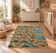 woodland animal alphabet rug displayed in a nursery beside a crib