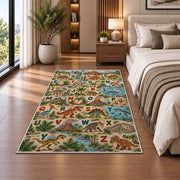 woodland animal alphabet rug displayed in a bedroom beside the bed