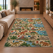 woodland animal alphabet rug displayed in a living room with a fireplace