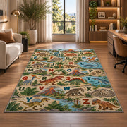 woodland animal alphabet rug displayed in a lounge with wooden shelves