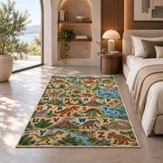 woodland animal alphabet rug displayed in a bedroom in sunlight