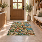 woodland animal alphabet rug displayed in a entryway beside a wooden door