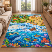 ocean and land wildlife learning map rug displayed in a sunlit lounge beside a sofa