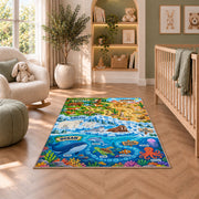 ocean and land wildlife learning map rug displayed in a nursery beside an upholstered chair