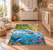 ocean and land wildlife learning map rug displayed in a nursery beside a crib