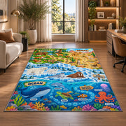 ocean and land wildlife learning map rug displayed in a lounge with wooden shelves