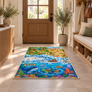 ocean and land wildlife learning map rug displayed in a entryway beside a wooden door