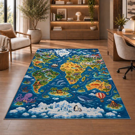 deep blue wildlife world map rug displayed in a living room with wooden shelves