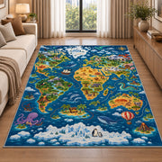 deep blue wildlife world map rug displayed in a sunlit lounge beside a sofa