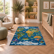 deep blue wildlife world map rug displayed in a nursery beside an upholstered chair
