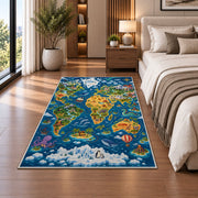 deep blue wildlife world map rug displayed in a bedroom beside the bed
