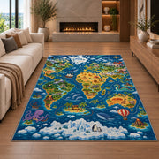deep blue wildlife world map rug displayed in a living room with a fireplace
