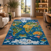 deep blue wildlife world map rug displayed in a lounge with wooden shelves