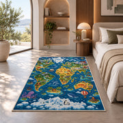 deep blue wildlife world map rug displayed in a bedroom in sunlight