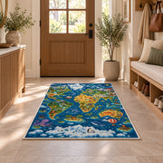 deep blue wildlife world map rug displayed in a entryway beside a wooden door